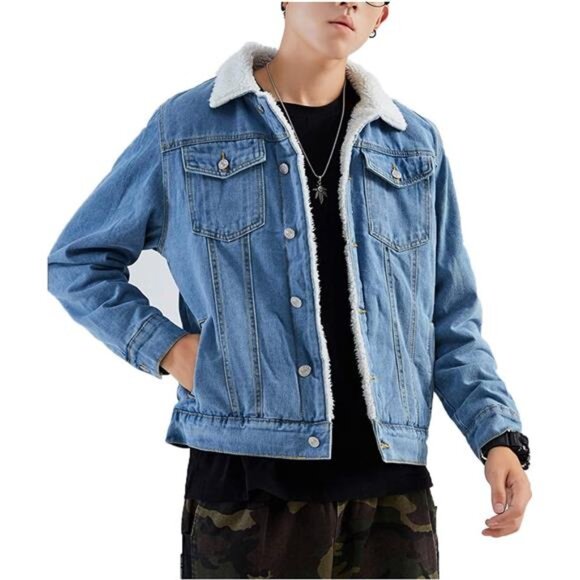 Mens Denim Jacket Sherpa Lined Jean Trucker Jacket Winter Coat Thick Warm - Picture 2 of 7